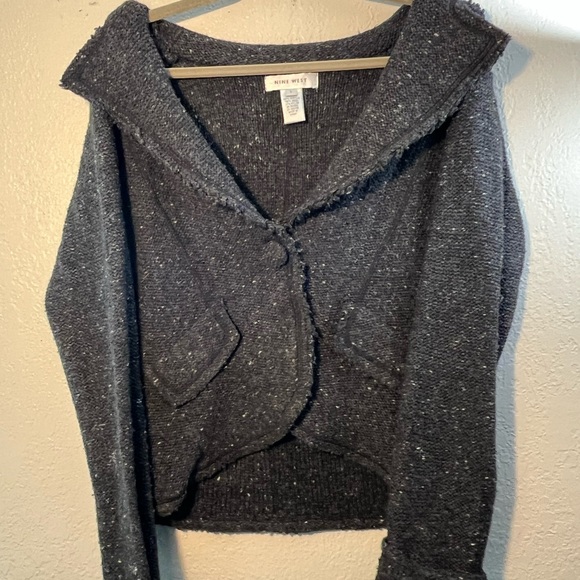 Nine West Gray Cardigan Sweater Shawl Collar SZ L Fuzzy Long Sleeve One Button - Picture 1 of 9